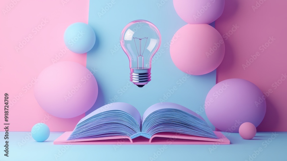 3D illustration of an open book with a light bulb floating above it, in ...