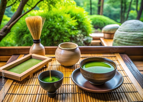 Serenely lit traditional Japanese matcha ceremony setup featuring delicate ceramics, natural textiles, and a beautifully presented green tea bowl, evoking tranquility and cultural heritage. photo