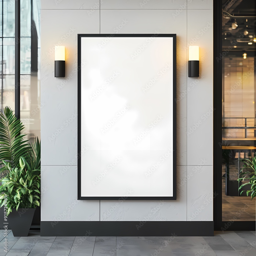 Modern wall with blank frame and stylish sconces, perfect for showcasing art or announcements in a contemporary space. Modern wall with blank frame and stylish sconces, perfect for showcasing art or announcements in a contemporary space.