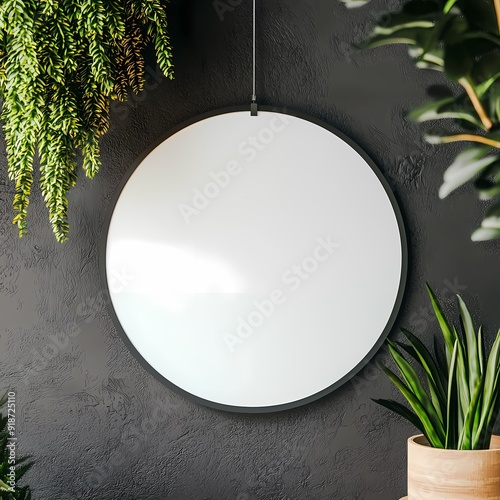 Stylish round mirror hanging on a wall with lush greenery, perfect for modern decor and adding depth to any space.