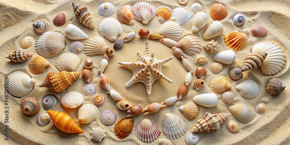 Delicate seashells of various shapes and sizes meticulously arranged in a circular pattern within a natural frame on the pristine sandy beach shoreline.