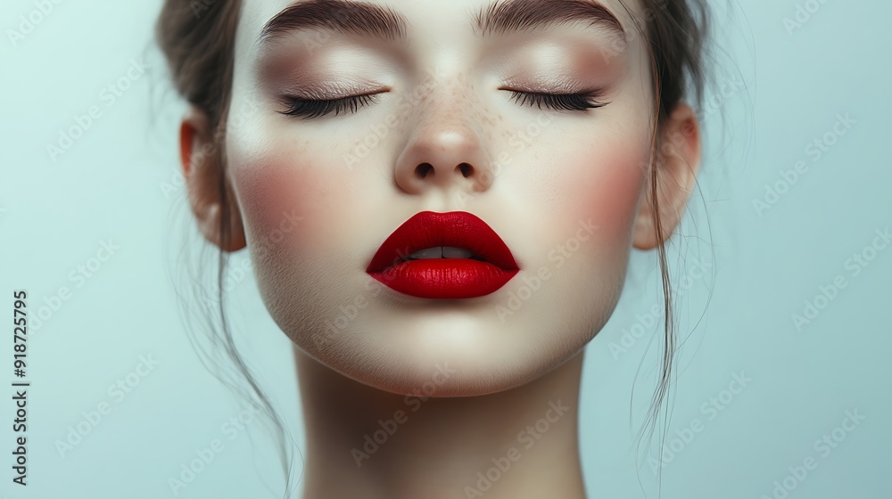 Close-up portrait of a woman with red lips and closed eyes, soft light. Close-up portrait of a woman with red lips and closed eyes, soft light.