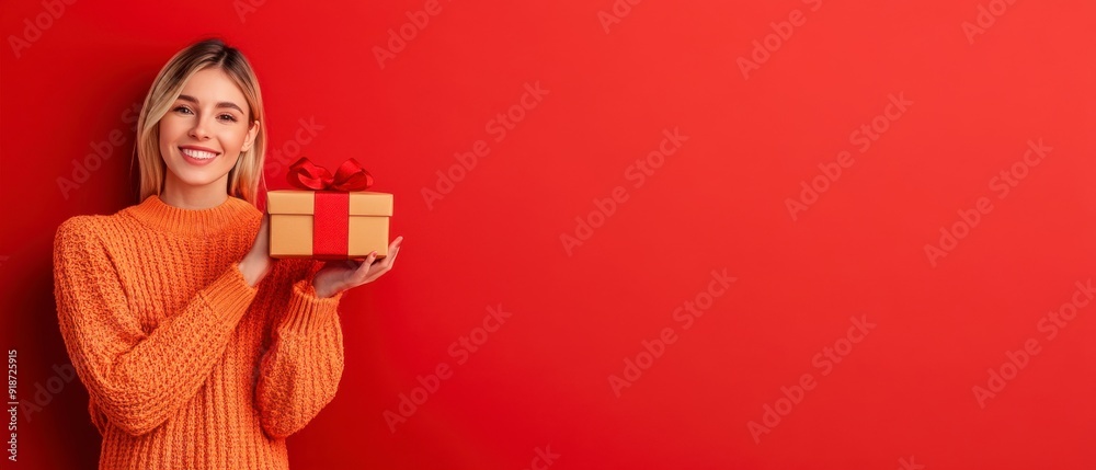Woman with Gift, Smiling woman holding a gift box against red background, Holiday Cheer. Woman with Gift, Smiling woman holding a gift box against red background, Holiday Cheer.