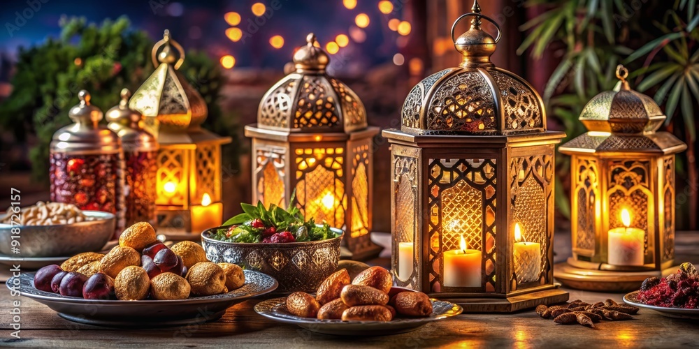 Obraz premium Elegant Ramadan kareem holiday table setting with decorative lanterns, intricate patterns, and sumptuous Arabic delicacies, evoking warmth and festive ambiance.