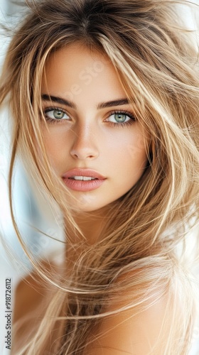 Close-up portrait of a woman with intense gaze and sharp features, showcasing natural beauty and elegance, ideal for beauty and fashion theme