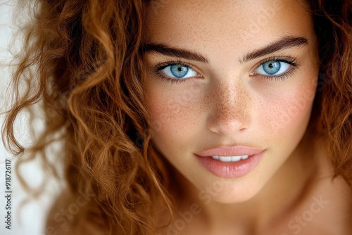 Portrait of a woman with intense gaze and golden hair, perfect for beauty and fashion editorial