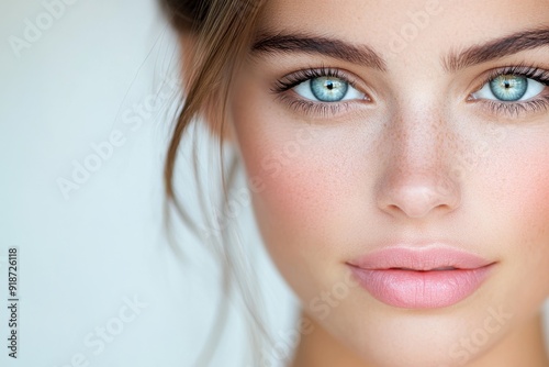 Close-up of a woman with mesmerizing green eyes and natural makeup, showcasing elegance and allur