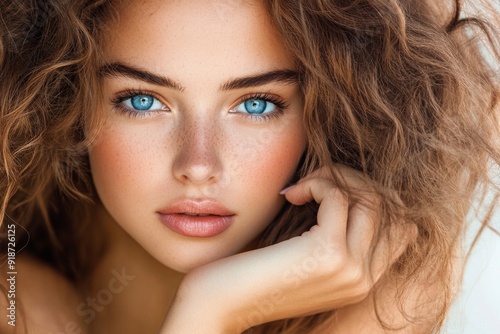 Portrait of a woman with soft brown hair and captivating eyes, perfect for beauty and lifestyle concept