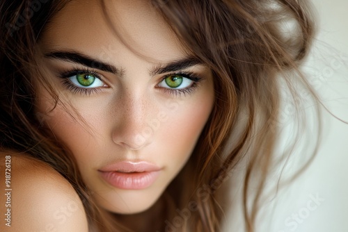 Portrait of a woman with striking green eyes and soft makeup, highlighting her natural allure and elegance