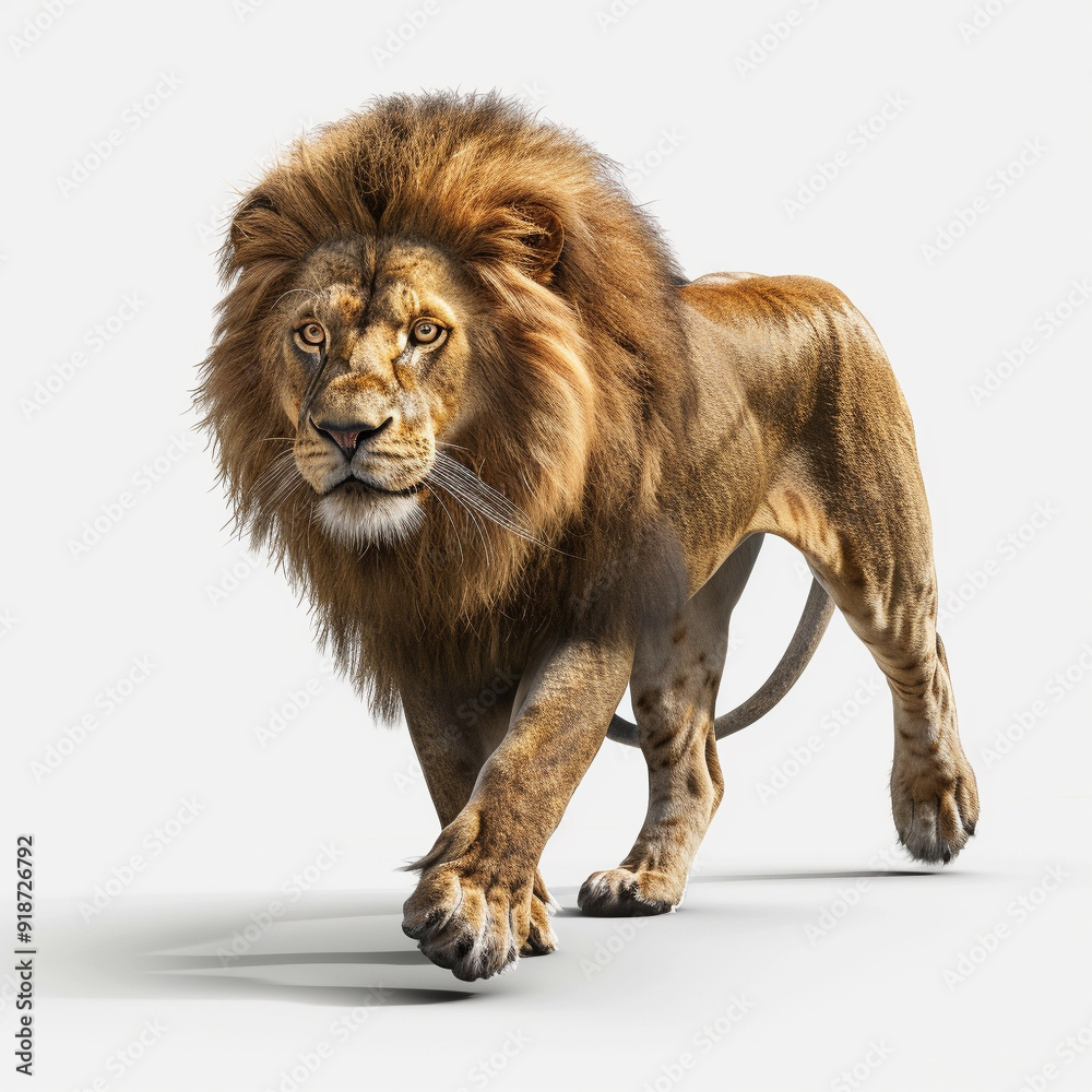 Obraz premium lion animal predator mane wild wildlife nature big cat mammal powerful majestic fierce standing teeth fur 