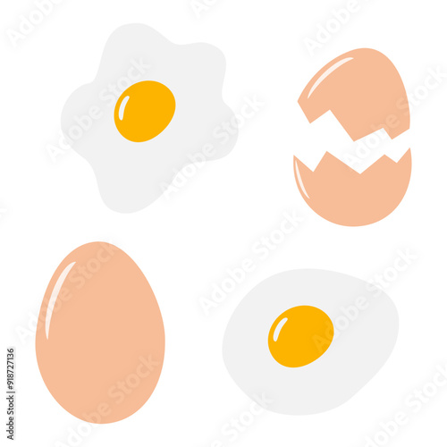 Whole row, eggshell and fried eggs with yolk Set of 4 Isolated. Culinary menu card, promo elements 