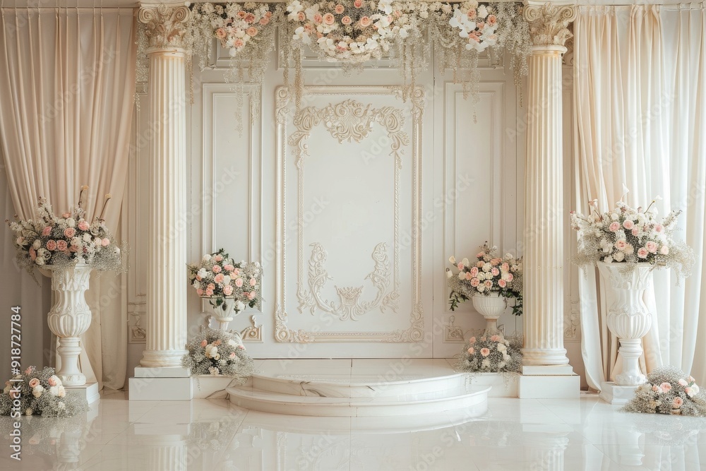 Elegant Wedding Decoration with White Columns and Flowers