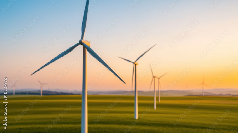 Wind Turbines in a Green Field at Sunset with a Clear Sky, Renewable Energy Source, Sustainable Power Generation, Clean Energy, Environmental Conservation, Modern Technology, Eco-Friendly Landscape Wind Turbines in a Green Field at Sunset with a Clear Sky, Renewable Energy Source, Sustainable Power Generation, Clean Energy, Environmental Conservation, Modern Technology, Eco-Friendly Landscape