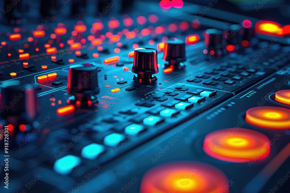 A close-up shot of a control board in a recording studio, ideal for use in music-related projects A close-up shot of a control board in a recording studio, ideal for use in music-related projects