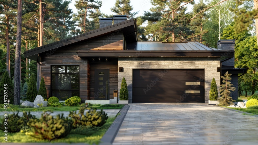 Modern House with Black Trim in a Forest Setting Modern House with Black Trim in a Forest Setting