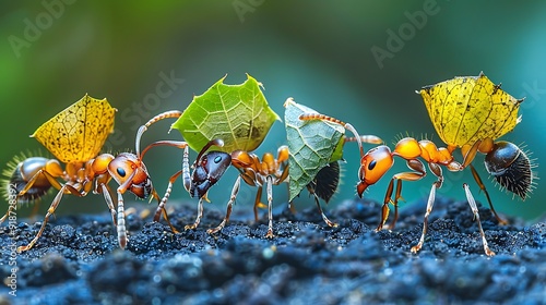 Group of Leafcutter Ants Atta cephalotes carrying leaves in the Amazon rainforest photo