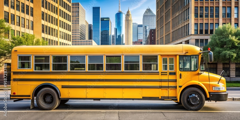 Yellow school bus parked on a city street , school, bus, transportation, education, yellow, children, students, back to school, vehicle