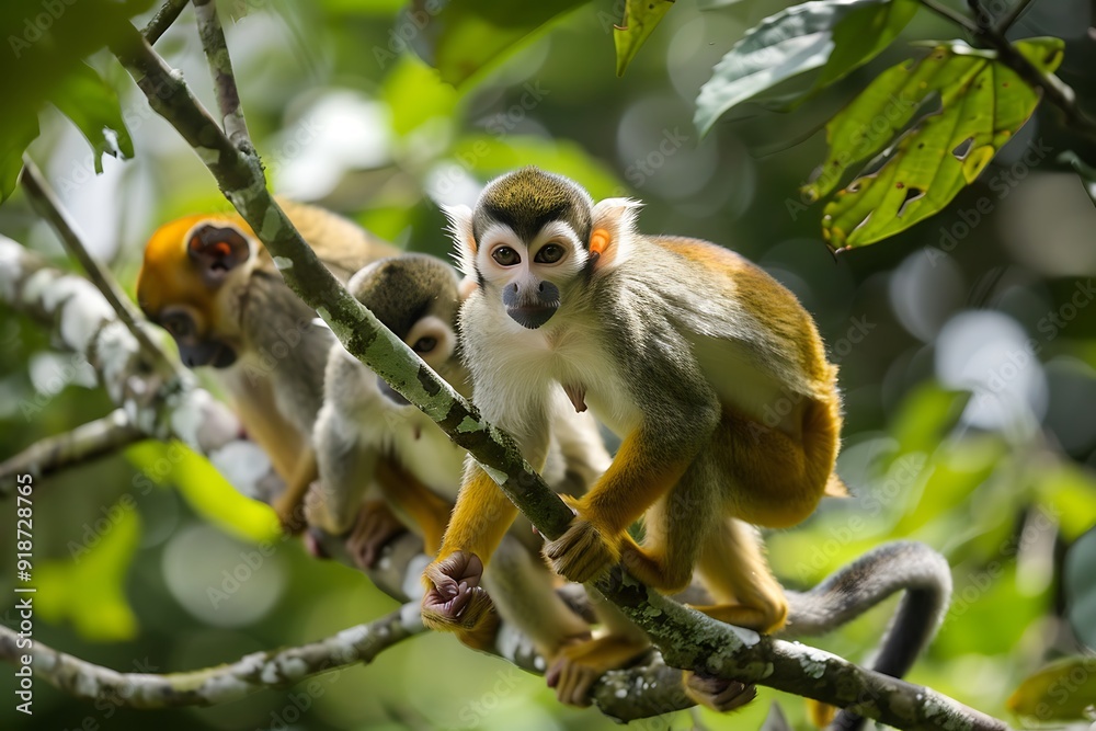 Obraz premium Group of Squirrel Monkeys playing in the trees of the Amazon rainforest