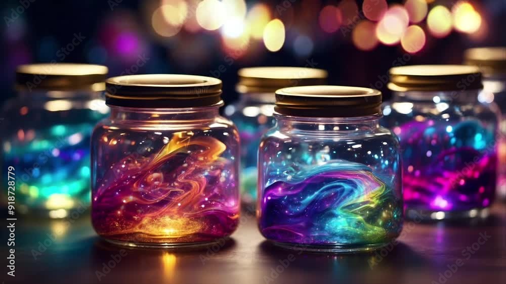Glass jar with space image in slow motion. Glittering space background. Seamless 4K looping timelapse video animation generated AI Glass jar with space image in slow motion. Glittering space background. Seamless 4K looping timelapse video animation generated AI