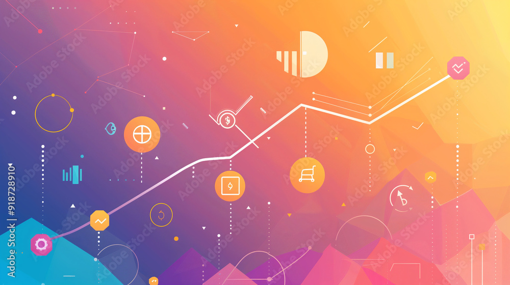 Obraz premium upward-trending financial graph with smooth curves and data points, set against a gradient backdrop with integrated icons representing financial growth, business or economy growth data statistics