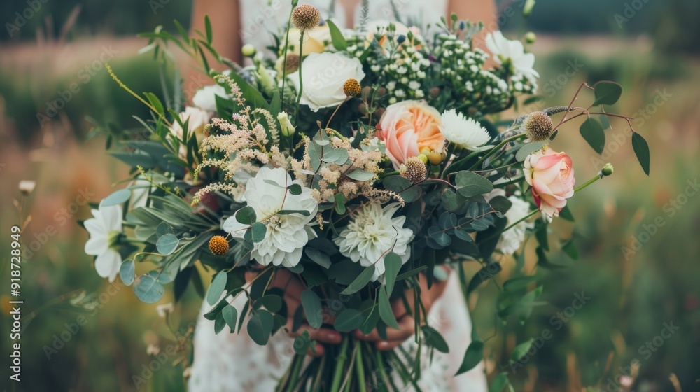 Fototapeta premium Rustic Wedding Bouquet with Peach and White Blooms