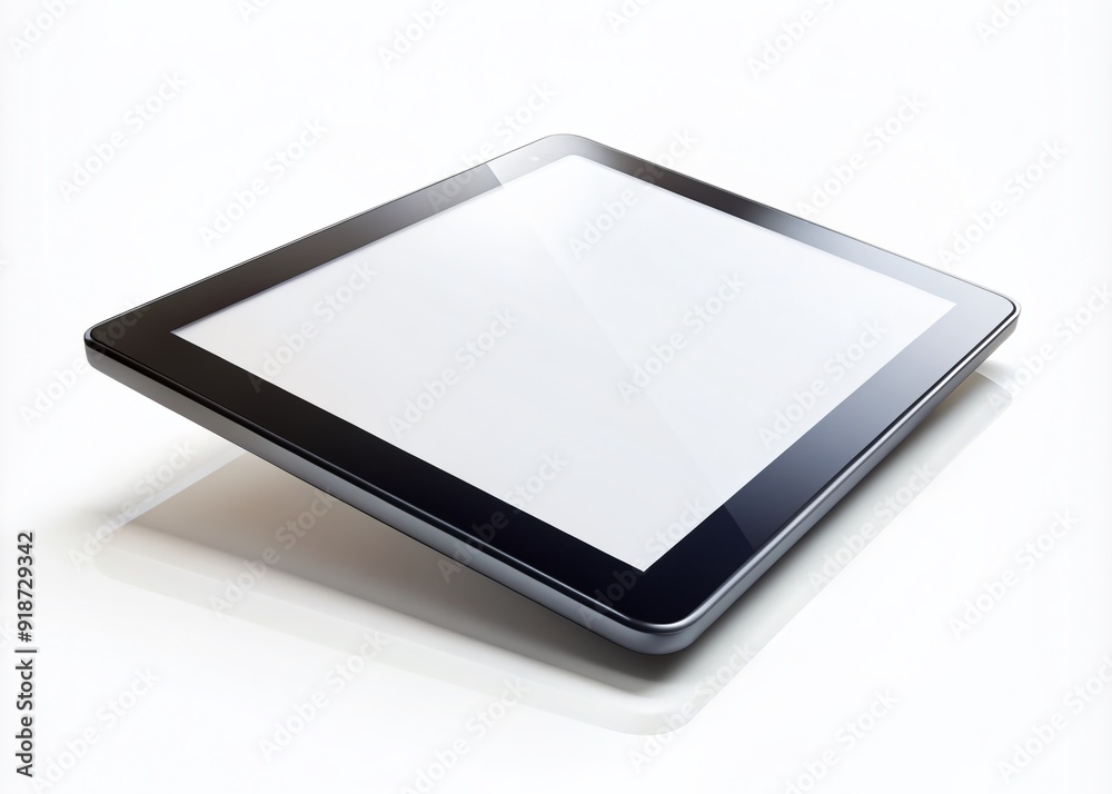 Sleek tablet device held at angle, blank screen glows against pristine white backdrop, perfect for overlaying designs, text, or apps in a modern, minimalist setting. Sleek tablet device held at angle, blank screen glows against pristine white backdrop, perfect for overlaying designs, text, or apps in a modern, minimalist setting.