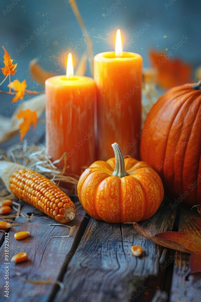 A seasonal table setting featuring pumpkins, corn, and candles A seasonal table setting featuring pumpkins, corn, and candles
