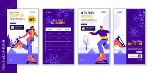 Ice Skating Social Media Stories Flat Cartoon Hand Drawn Templates Background Illustration