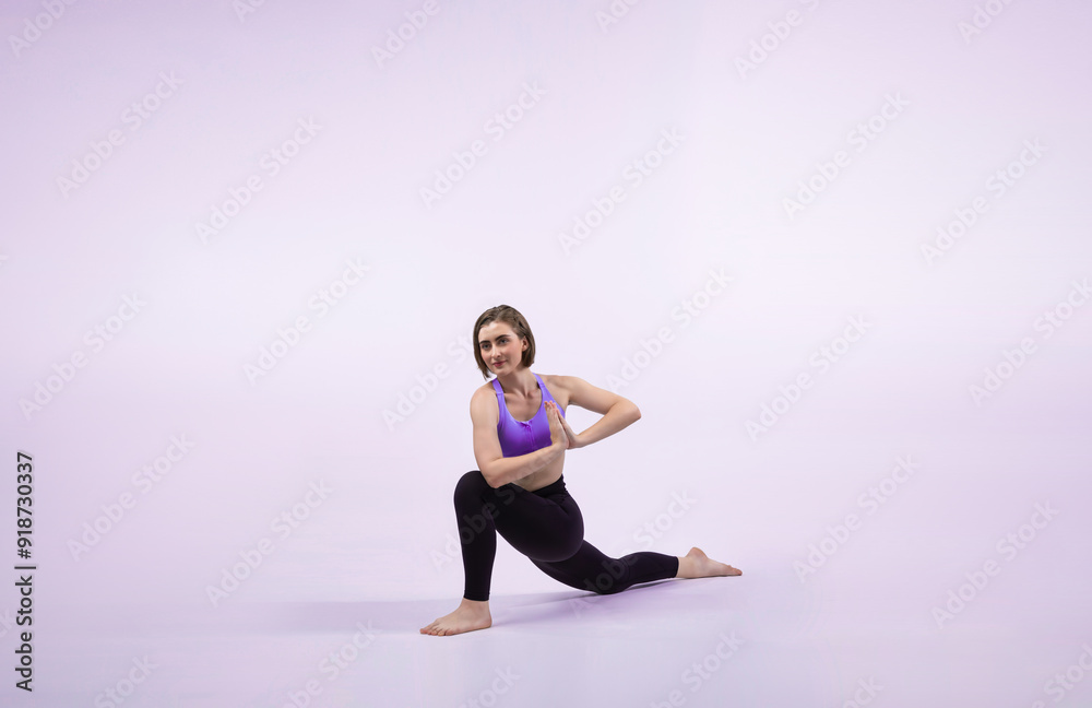 Full body length gaiety shot athletic and sporty woman doing healthy and meditative yoga exercise workout posture on isolated background. Healthy active and body care lifestyle Full body length gaiety shot athletic and sporty woman doing healthy and meditative yoga exercise workout posture on isolated background. Healthy active and body care lifestyle