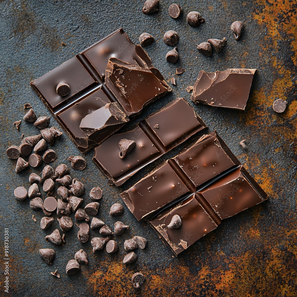 Top view of pieces of chocolate bar with chocol Top view of pieces of chocolate bar with chocol