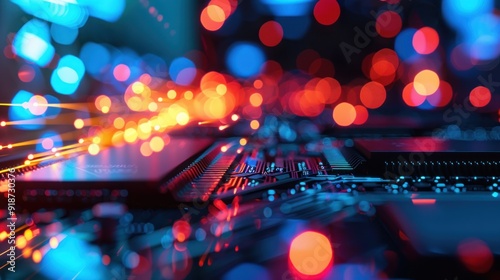 Abstract Close-Up of a Circuit Board with Bokeh Lights