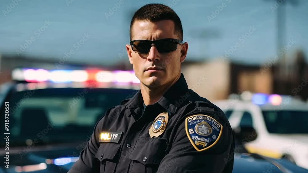Police officer serious face standing on a street Police officer serious face standing on a street