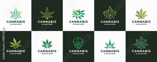 Marijuana cannabis logo set. Leaf weed hemp logo. Medicine concept, vector isolated illustration.