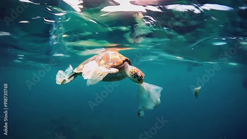 Sea turtle eating plastic bag in ocean