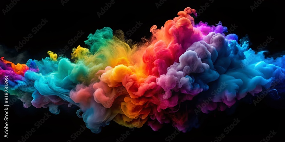 Obraz premium Vibrant, swirling clouds of colored smoke erupt against a sleek black background, creating a mesmerizing 3D illustration that pops with dynamic,Gradient-style hues.
