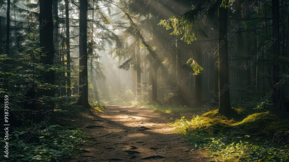 Fototapeta premium Sunlight Filtering Through a Misty Forest