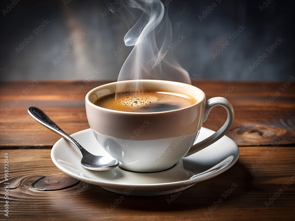 Steaming Coffee Cup on Wooden Table Steaming Coffee Cup on Wooden Table