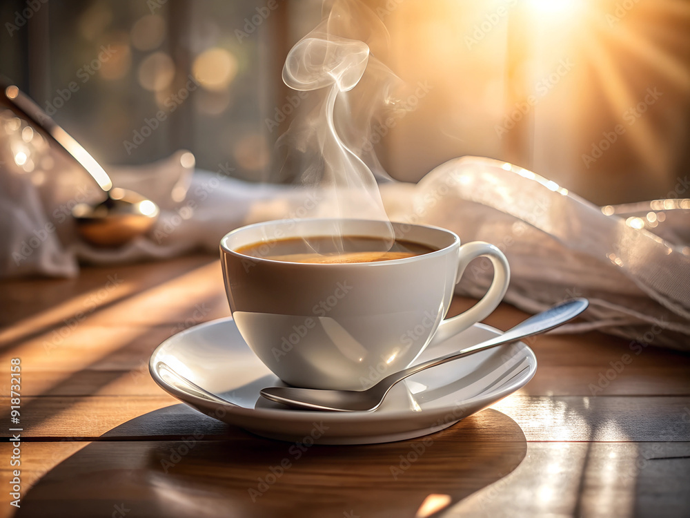 Obraz premium Steaming Coffee Cup on Wooden Table