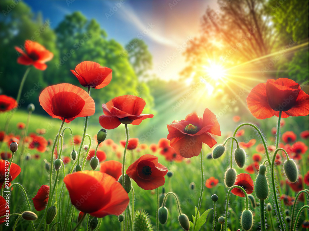 Fototapeta premium Sunlit Poppy Field at Dawn
