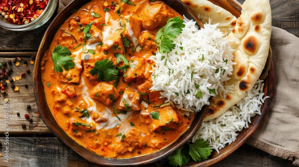 Delicious Indian Butter Chicken with Rice and Naan Delicious Indian Butter Chicken with Rice and Naan