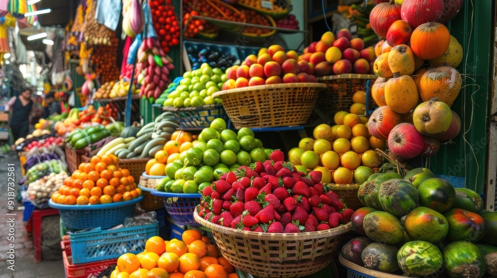 Vibrant Fruits and Vegetables at a Market Stall Vibrant Fruits and Vegetables at a Market Stall