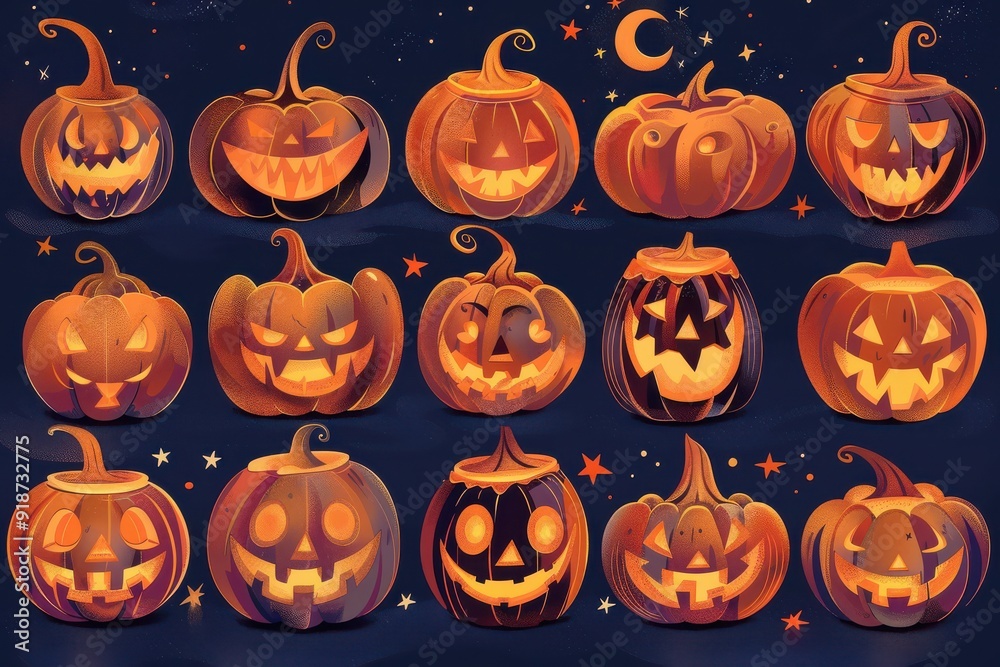 Halloween pumpkins with various scary expressions Halloween pumpkins with various scary expressions