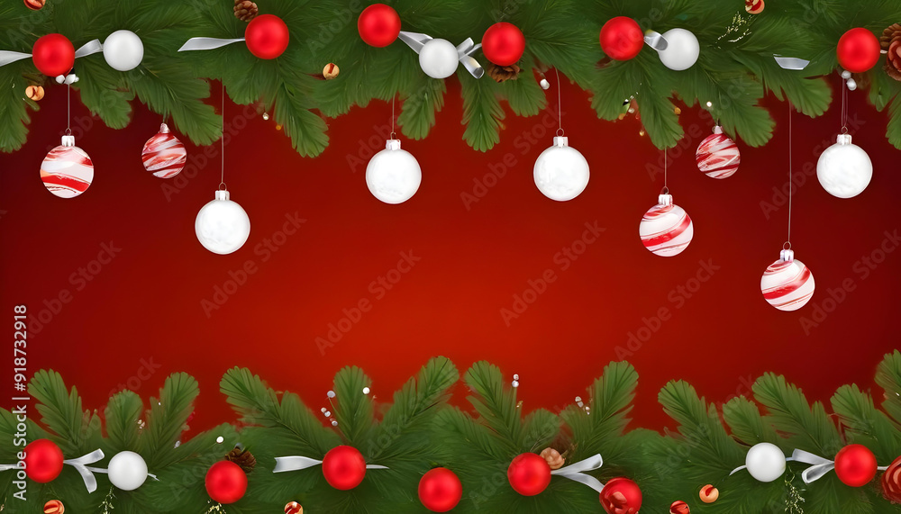 Pine branches with red and white ornaments on a red background with snowflakes 4 Pine branches with red and white ornaments on a red background with snowflakes 4