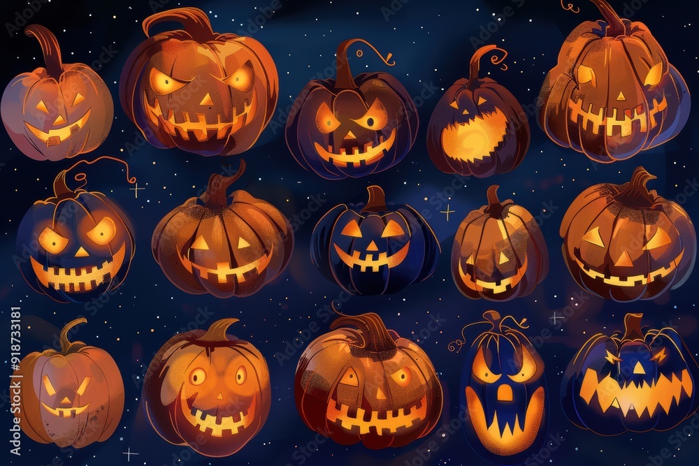 Halloween pumpkins with various scary expressions Halloween pumpkins with various scary expressions