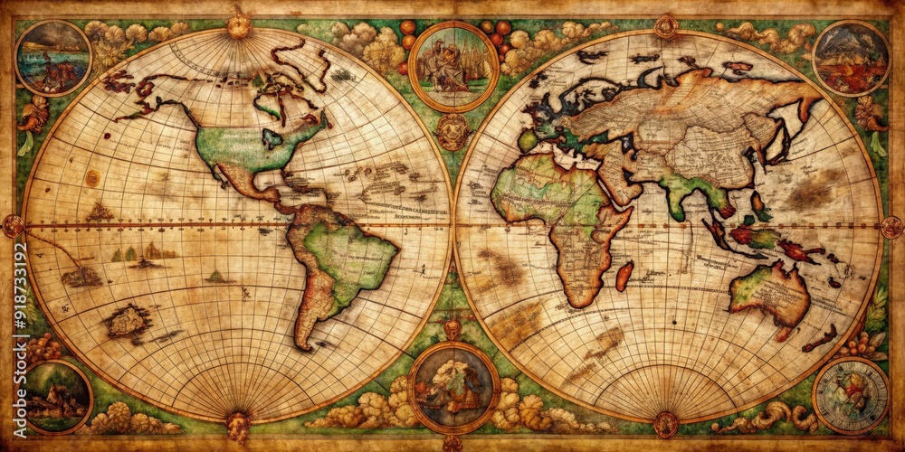 Obraz premium Vintage map of the world from 1635 featuring intricate s and old-world charm, cartography, geography, antique