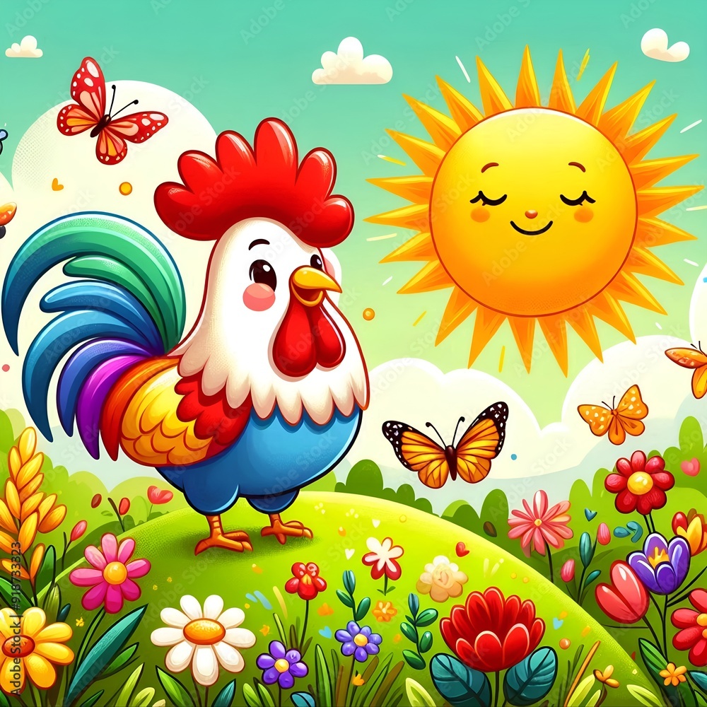 Flat design, Cartoon image of a rooster in the park Flat design, Cartoon image of a rooster in the park