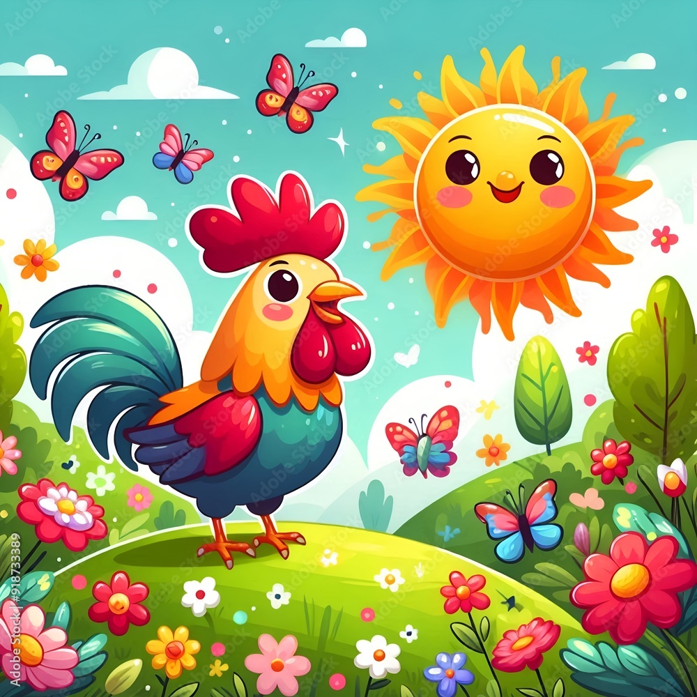 Flat design, Cartoon image of a rooster in the park Flat design, Cartoon image of a rooster in the park