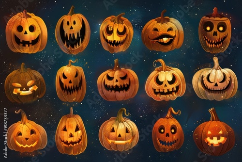 Halloween pumpkins with various scary expressions