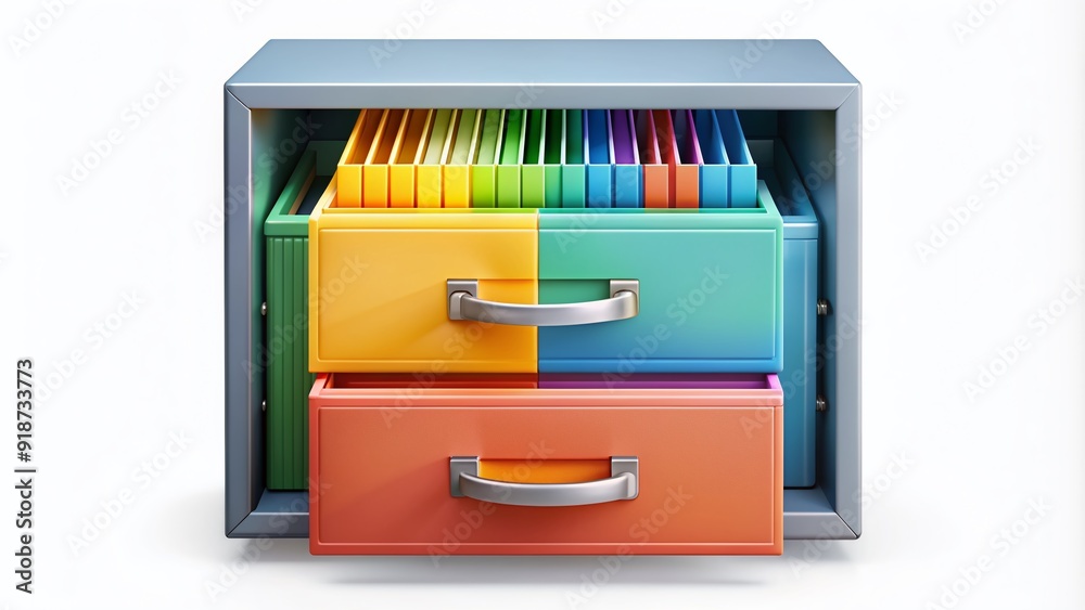 Vibrant, stylized filing cabinet icon with an open drawer, showcasing colorful folders and papers, isolated on a transparent background for versatile design use.