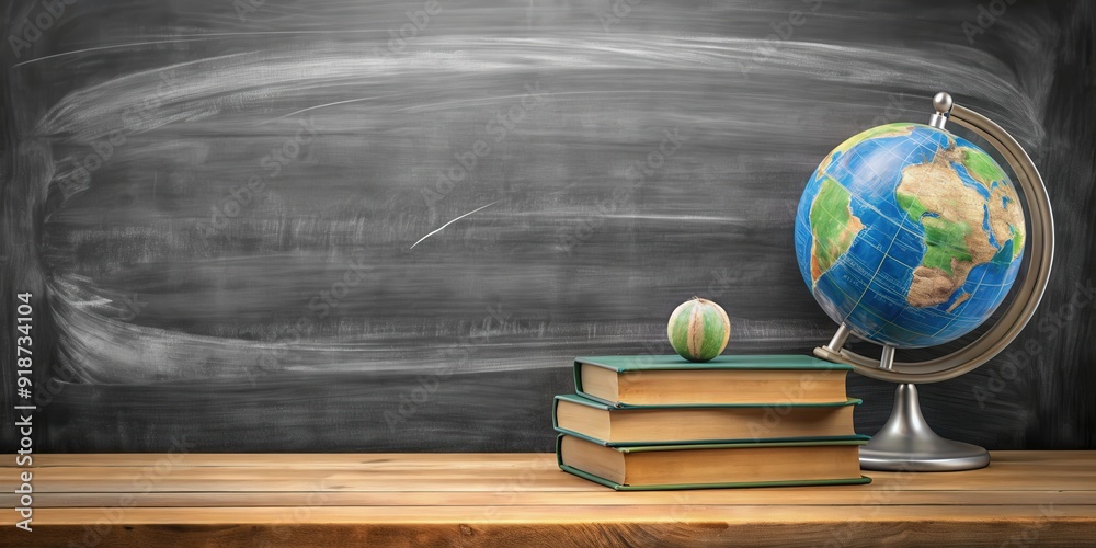 Chalk drawing of globes and school books on blackboard for educational concept, chalk, drawing, globe, school books Chalk drawing of globes and school books on blackboard for educational concept, chalk, drawing, globe, school books